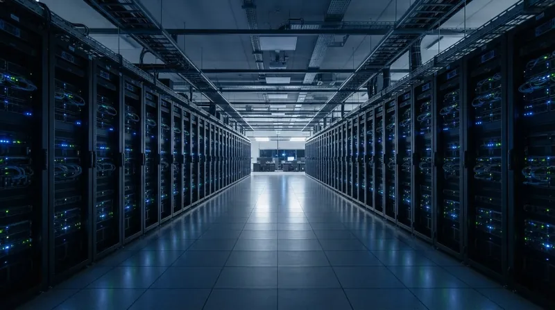 Rows of illuminated high-density server racks inside a modern artificial intelligence data center facility.
