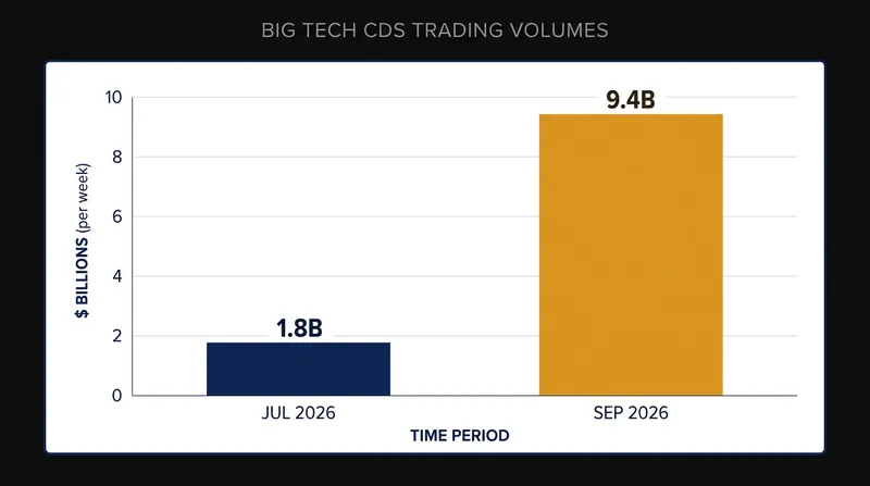 Weekly trading volumes for tech-linked credit default swaps more than quadrupled between July and September 2026.