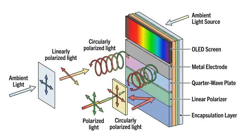 OLED screens use circular polarizers to trap ambient light reflections, which inadvertently solves the sunglass blackout problem.