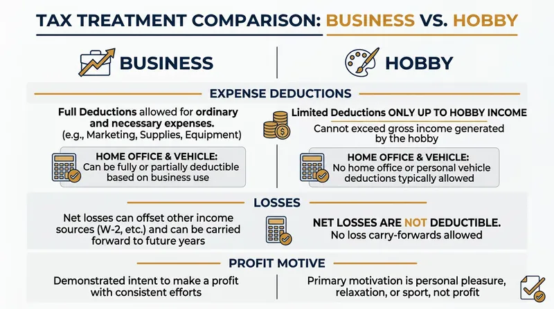 The IRS classification of an enterprise dictates which expenses can be legally deducted to offset revenue.