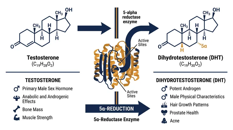 The 5-alpha reductase enzyme converts circulating testosterone into the highly potent dihydrotestosterone (DHT).