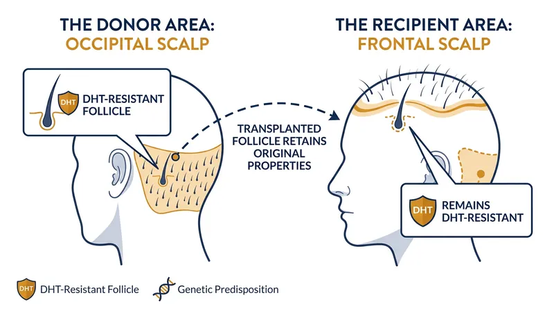 Donor dominance allows occipital follicles to retain their DHT immunity even when surgically relocated to the frontal scalp.