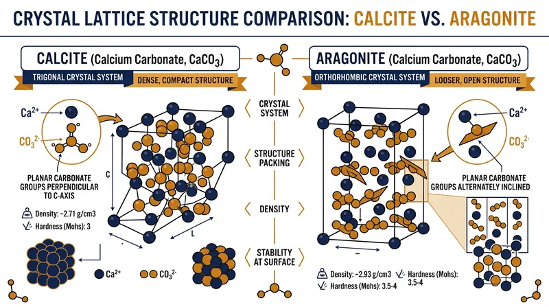 Despite sharing the same chemical formula, aragonite's looser crystal structure makes it dissolve at higher carbonate concentrations than calcite.