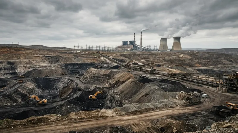 Large industrial cooling towers and steel infrastructure of a thermal power plant against a clear sky.