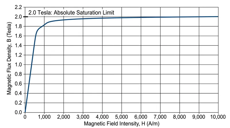 Cold-rolled grain-oriented silicon steel reaches a hard magnetic saturation limit at approximately 2.0 Tesla.