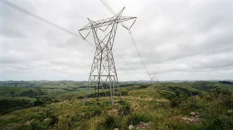 Massive steel lattice transmission towers carrying thick bundle conductors across a remote, open landscape.