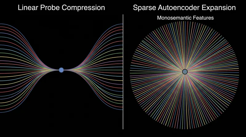 Sparse autoencoders bypass rank distortion by expanding the dimensional space, allowing compressed features to separate.