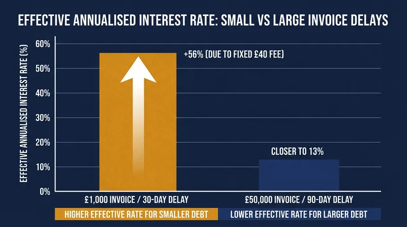 Fixed compensation fees make short-term delays on small invoices mathematically punitive.