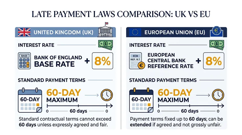 Both the UK and the EU cap standard business-to-business payment terms at 60 days.