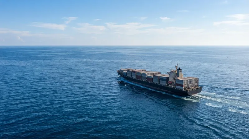 A grey naval warship sails closely alongside a rusted commercial cargo vessel on the open ocean.