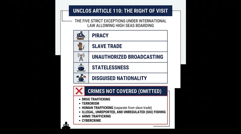 The Article 110 Right of Visit authorizes high-seas boardings only for a narrowly defined set of universally condemned acts.