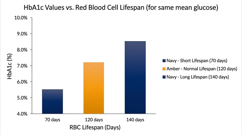 Patients with identical average blood sugar can receive different A1c results purely based on how long their red blood cells survive.