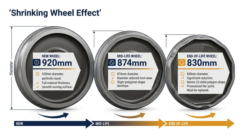 As a wheel wears down and shrinks, its rotational speed increases, forcing the polygon order to shift upward to maintain resonance.