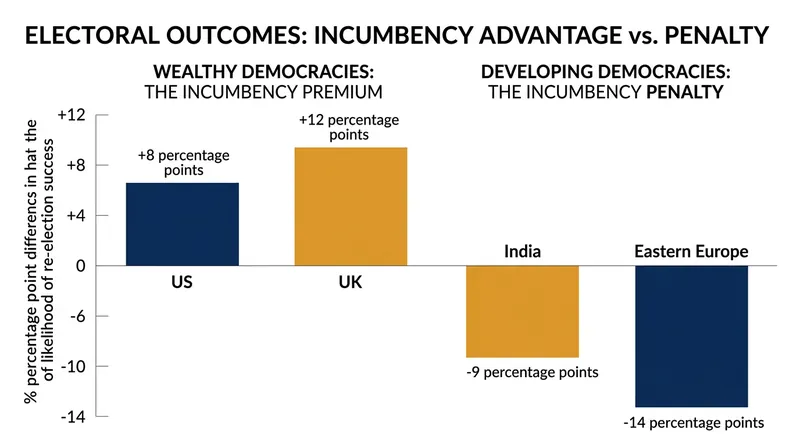 The structural advantage of holding office in the West reverses into a severe electoral penalty in developing nations.