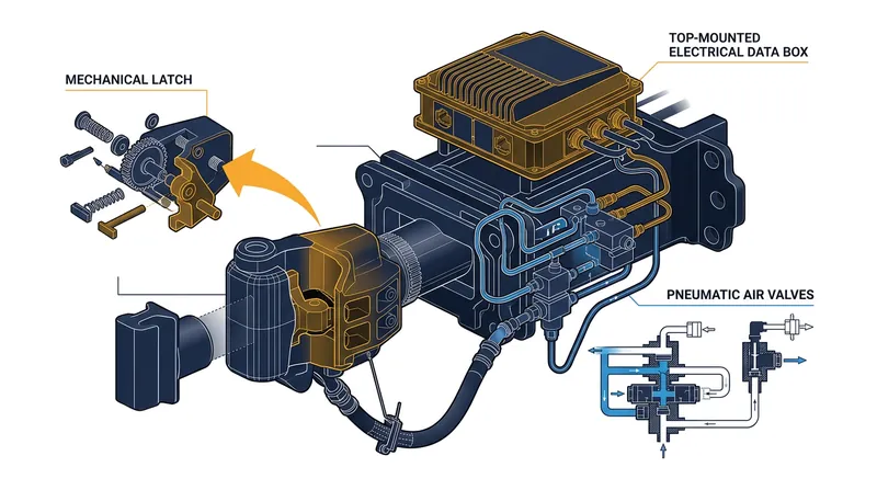 The anatomy of an automatic coupler, detailing the utility connections that mate upon impact.
