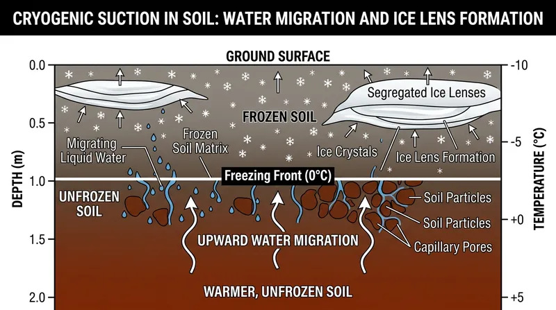 Cryogenic suction pulls liquid water upward to the freezing front, delivering more latent heat to the boundary.