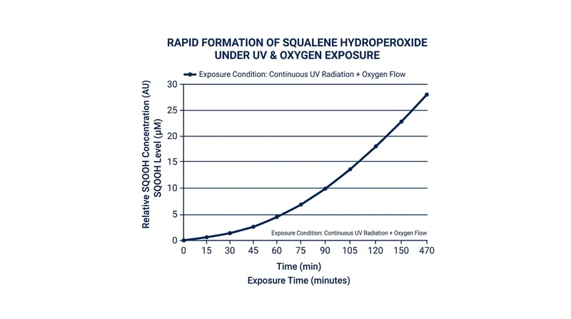 Environmental exposure rapidly accelerates the lipid peroxidation of squalene.