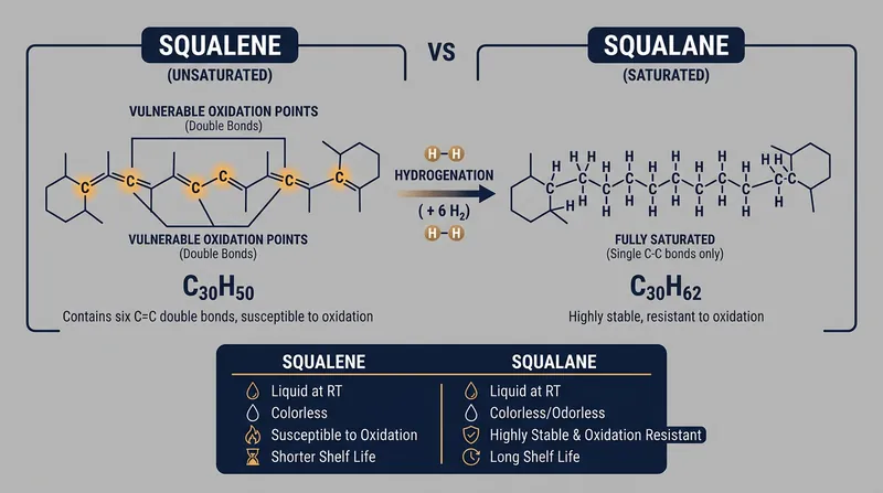Hydrogenation converts unstable squalene into squalane, preventing lipid peroxidation.