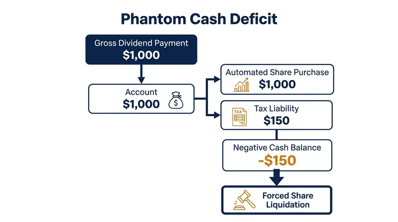 Automated reinvestment plans often purchase shares before the tax is deducted, forcing the broker to liquidate assets to cover the shortfall.