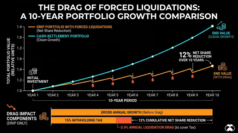Factlen original analysis: Forced micro-liquidations to cover withholding taxes can reduce net share accumulation by nearly 12 percent over a decade.