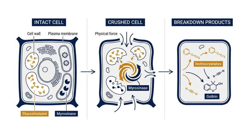 Tissue damage triggers the myrosinase enzyme to convert stable glucosinolates into reactive goitrogens.