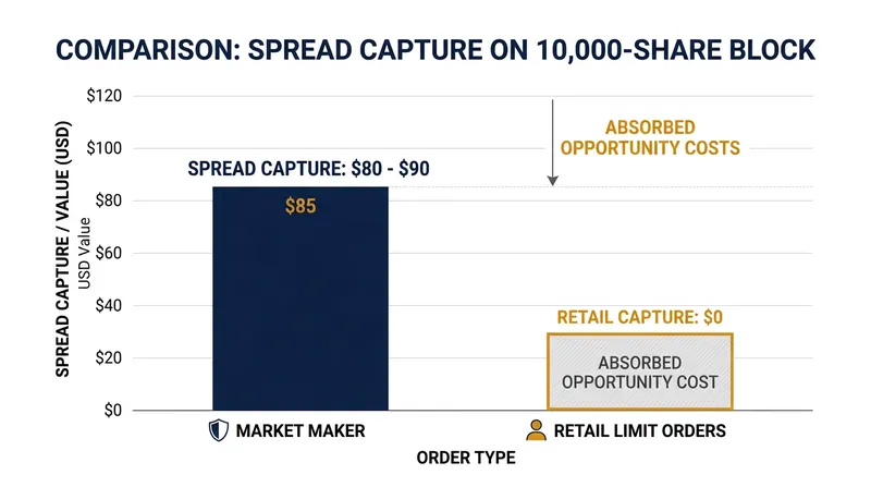 The structural advantage of sub-penny pricing transfers an estimated $80 to $90 per 10,000 shares to intermediaries.