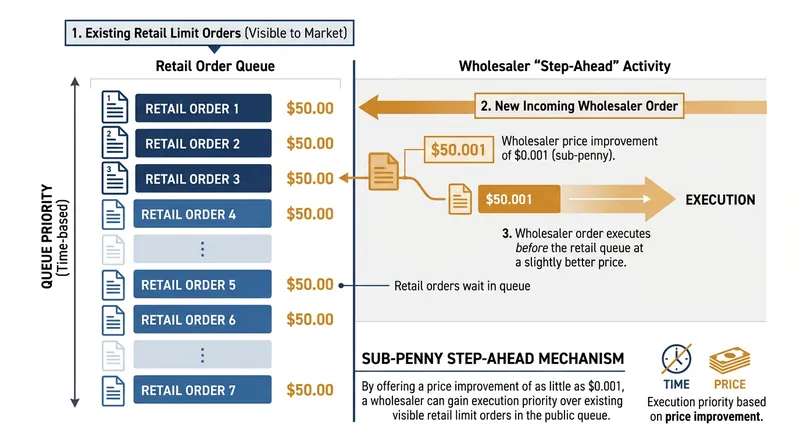 Off-exchange market makers can bypass public limit order queues by offering fractions of a cent in price improvement.