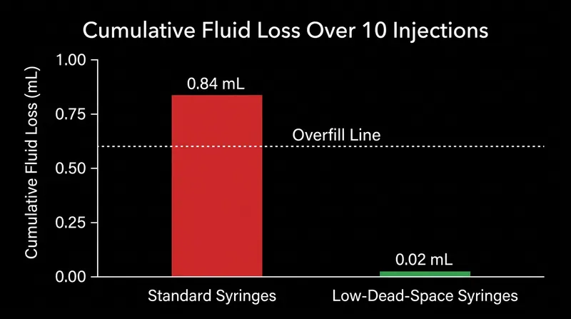 Over ten doses, standard syringes waste more fluid than the manufacturer provides in overfill, risking a short final dose.