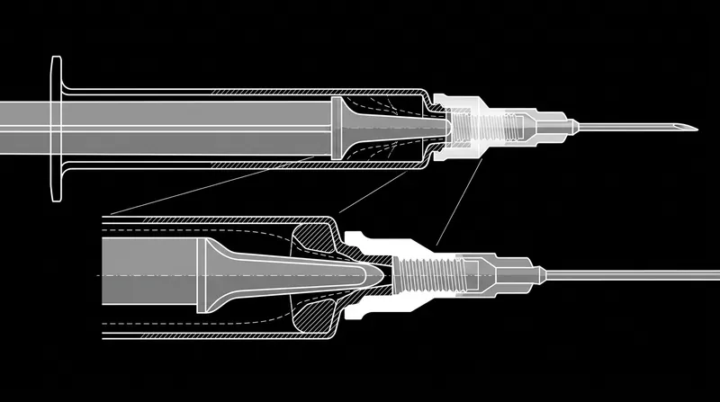 The extended piston tip physically occupies the dead space in the syringe neck, pushing fluid through the needle that would otherwise remain trapped.