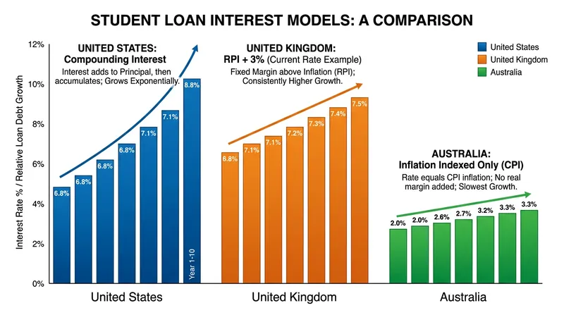Different nations utilize varying interest mechanisms to manage the cost of income-contingent lending.