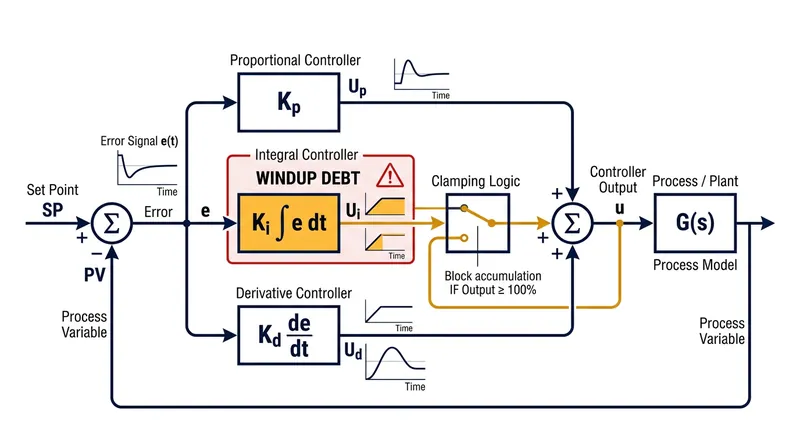 Anti-windup clamping severs the integral accumulation when the calculated output exceeds physical limits.