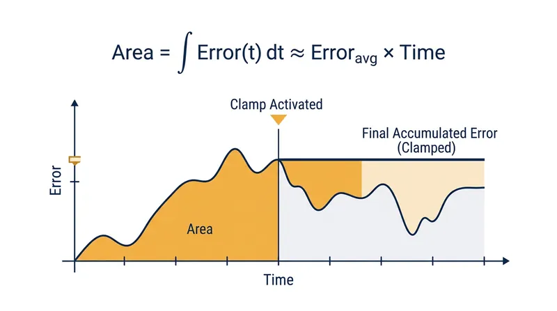 Clamping freezes the error-time product, preventing the controller from demanding mathematically impossible corrections.