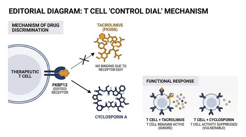 By editing specific intracellular proteins, researchers rendered therapeutic cells resistant to tacrolimus while preserving their sensitivity to cyclosporin.