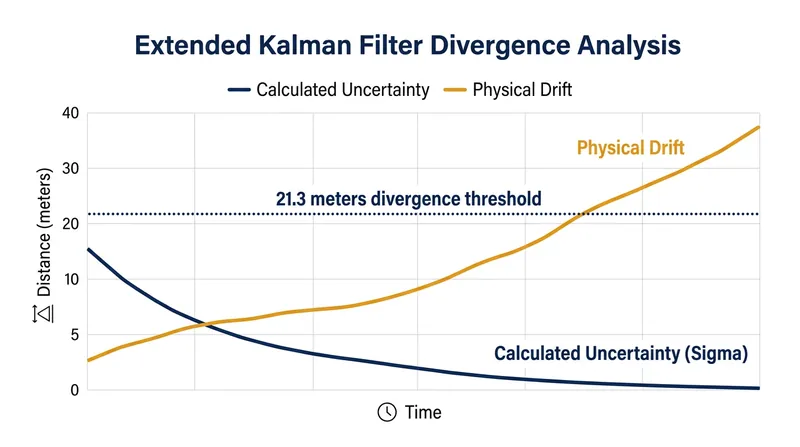 Without inflation, the filter's calculated uncertainty drops below physical drift after 21.3 meters.