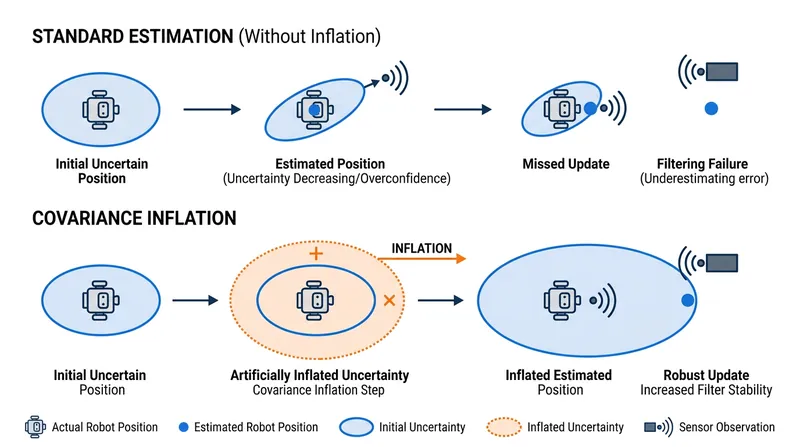 Inflation artificially expands the uncertainty ellipse, forcing the filter to trust new sensor data.