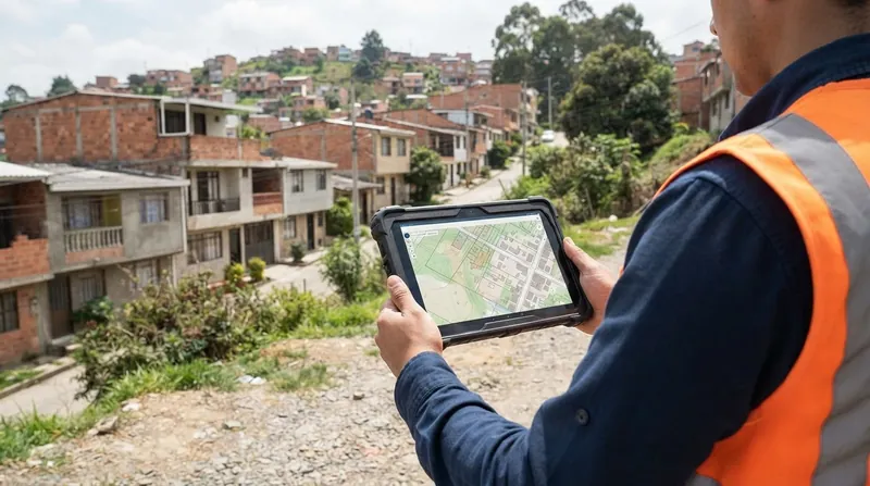 Illustration: Municipal teams use digital tablets and GIS mapping to survey informal properties without formal street addresses.