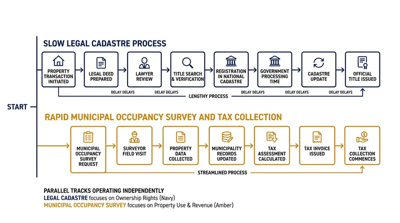 Dual-track registries decouple municipal tax collection from the slow process of formal legal titling.