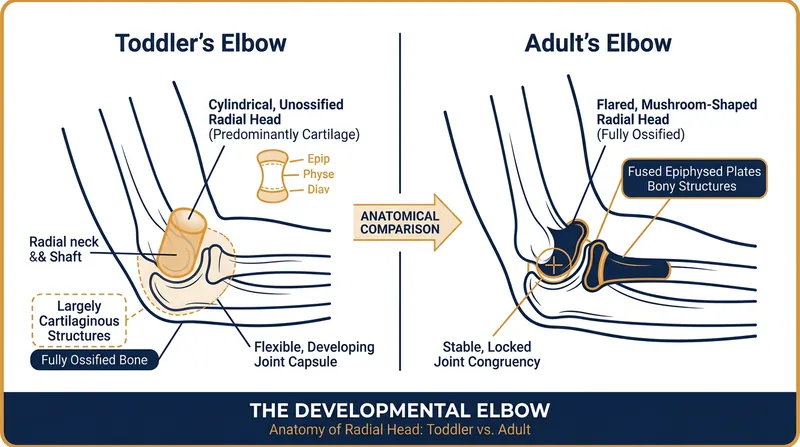A toddler's radial head lacks the flared bony ridge that keeps the annular ligament securely in place in adults.