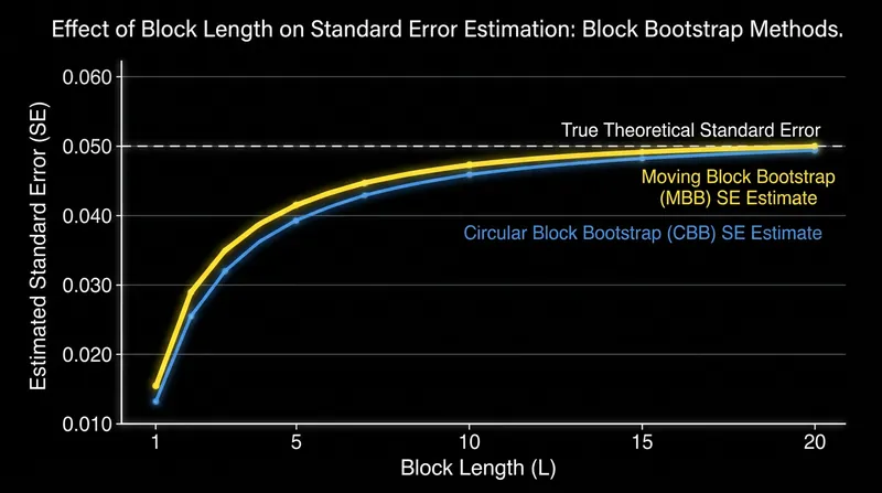 If the block length is too small, the bootstrap underestimates the true variance of the autocorrelated series.