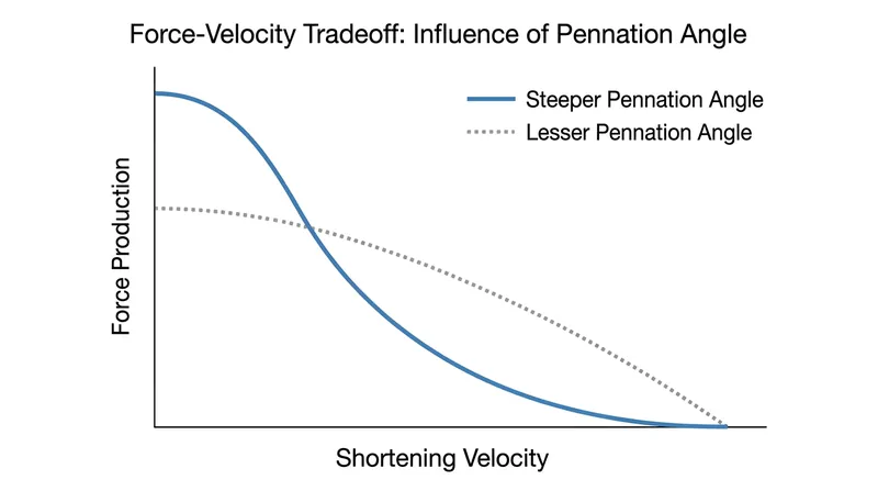 Steeper pennation angles shift the muscle's capability profile, prioritizing heavy load capacity over rapid shortening velocity.