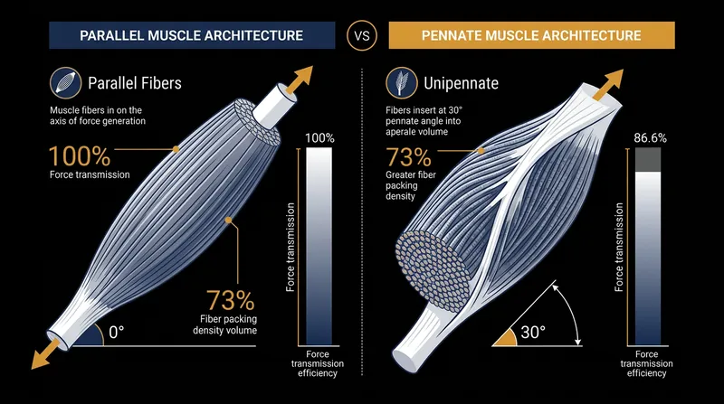 While the diagonal angle reduces linear force transmission, it allows the muscle to pack in 73 percent more total fibers.