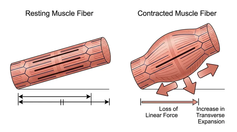 As the muscle contracts and bulges, the fibers rotate to a steeper angle, dynamically changing the mechanical gear ratio.