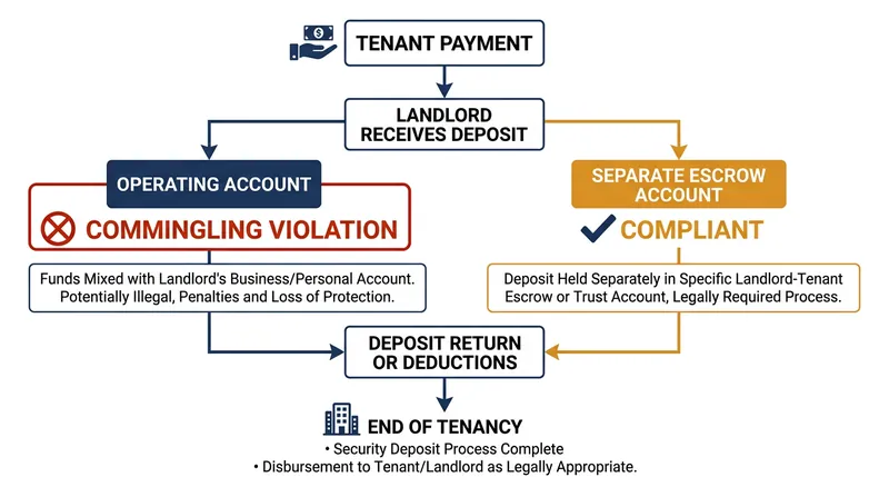 Rent payments and security deposits must follow entirely separate banking paths to remain legally compliant.