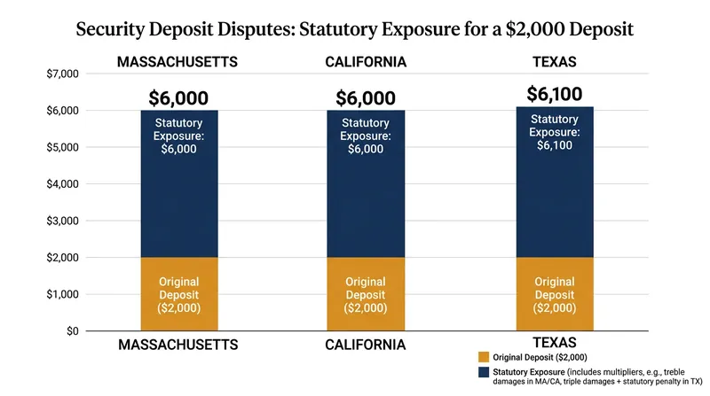 Statutory multipliers turn a standard $2,000 deposit into a massive financial liability for non-compliant landlords.