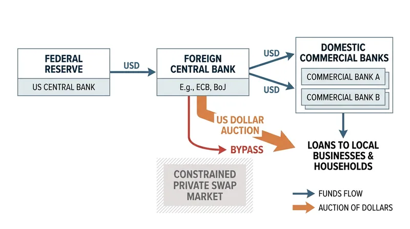 Central bank swap lines act as a backstop when private arbitrage channels freeze.