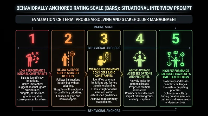 A behaviorally anchored rating scale standardizes how interviewers evaluate responses.