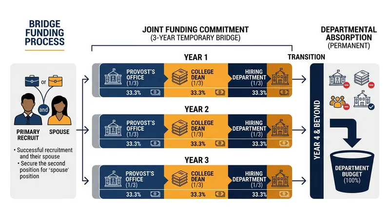 Bridge funding temporarily subsidizes the cost of a second tenure-track line by splitting the financial burden across the university.