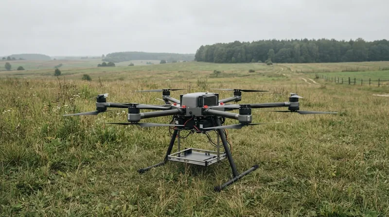 A large heavy-lift hexacopter drone hovers low over a cratered battlefield under an overcast sky.