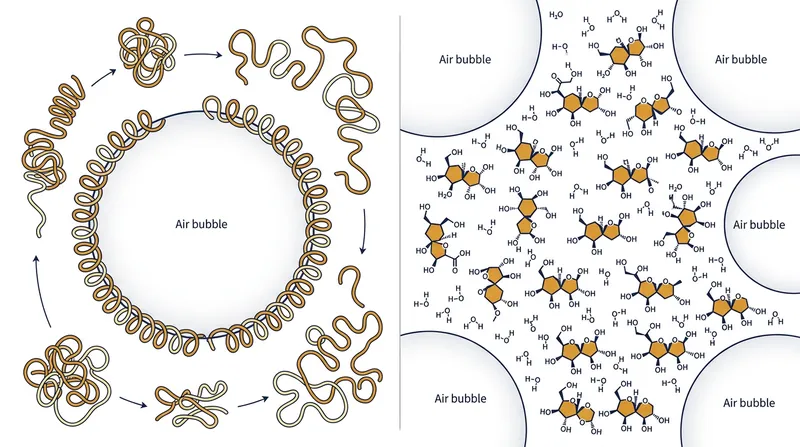 Ovomucin strands must uncoil and link together before sugar thickens the surrounding water.