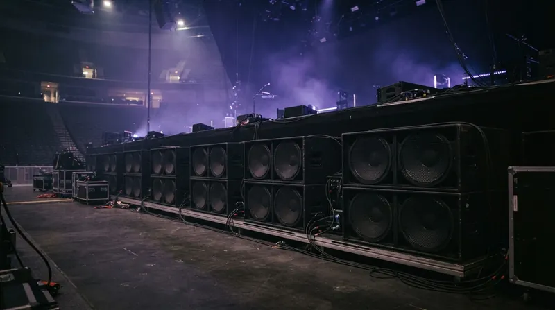 Illustration: Modern festival stages deploy massive subwoofer arrays specifically to generate the physical air displacement required for sub-bass frequencies.